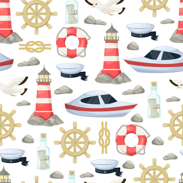 Námořní lodě námořnictva, kotva, kolo mořské a námořní vzor bezešvé pozadí pro baby sprchy, narozeniny, pozvánky vektorové ilustrace. Moře námořní lana plachetnice maják dekorace - Vektor, obrázek