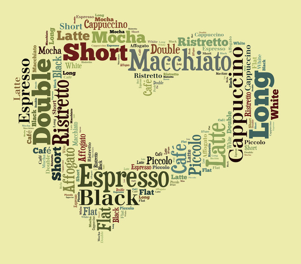 Índice de bebidas de café palabras collage nube, fondo del cartel, amor concepto de café en forma de corazón
 - Foto, imagen