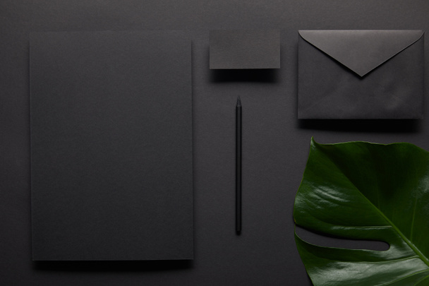 Business mock up with black notebook on black background with monstera leaf - Fotografie, Obrázek