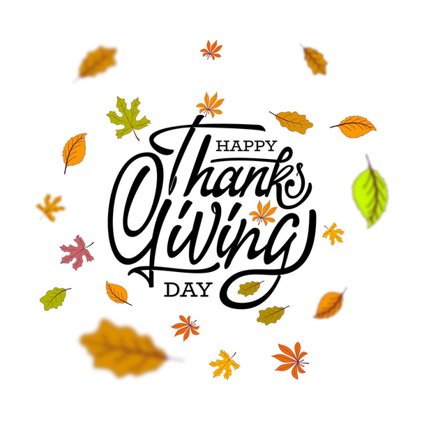 Χειροποίητη αφίσα τυπογραφίας Χαρούμενων Ευχαριστιών. Κείμενο εορτασμού με φύλλα για καρτ ποστάλ, εικονίδιο ή σήμα. Διάνυσμα καλλιγραφία γράμματα διακοπές απόσπασμα - Διάνυσμα, εικόνα