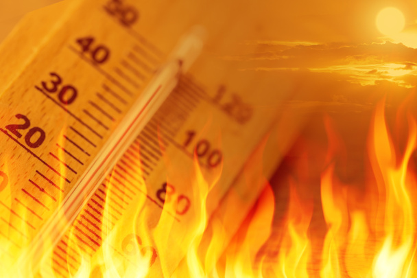 küresel ısınma iklim değişikliği işaret yüksek sıcaklık termometre yangın kavramı - Fotoğraf, Görsel