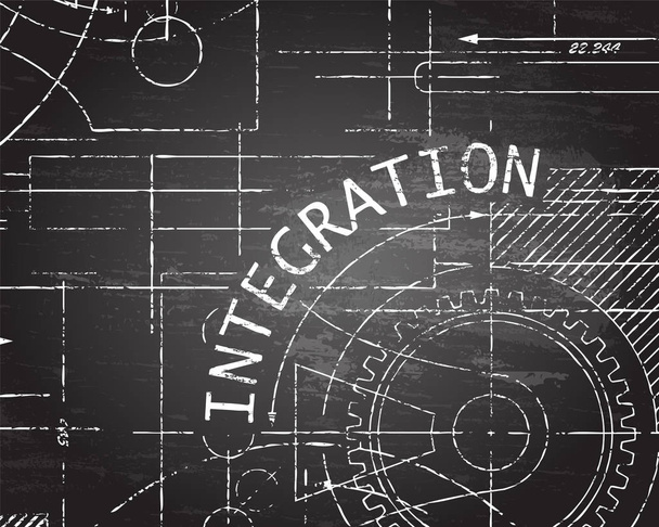 Integration text with gear wheels hand drawn on blackboard technical drawing backgroun - Vector, Image