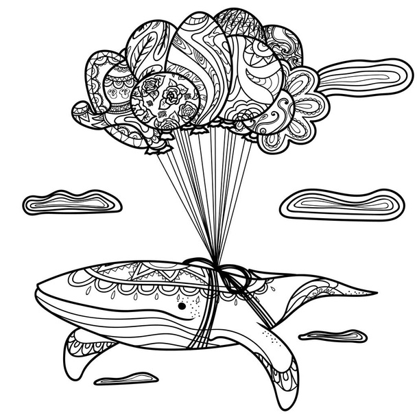Whale on balls, black and white. Coloring pages, vector - Διάνυσμα, εικόνα
