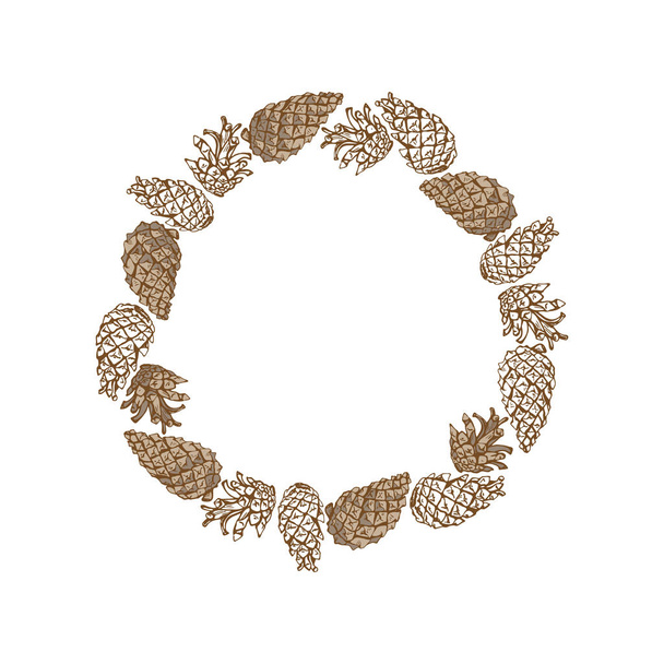 Round frame made of pine cones. Vector contour drawing. - Vektori, kuva