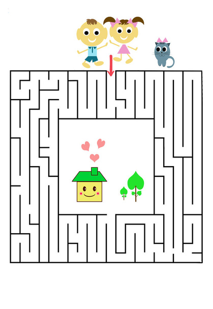 Jogo de labirinto engraçado para crianças pré-escolares. Ilustração da educação lógica para crianças em idade pré-escolar. - Foto, Imagem