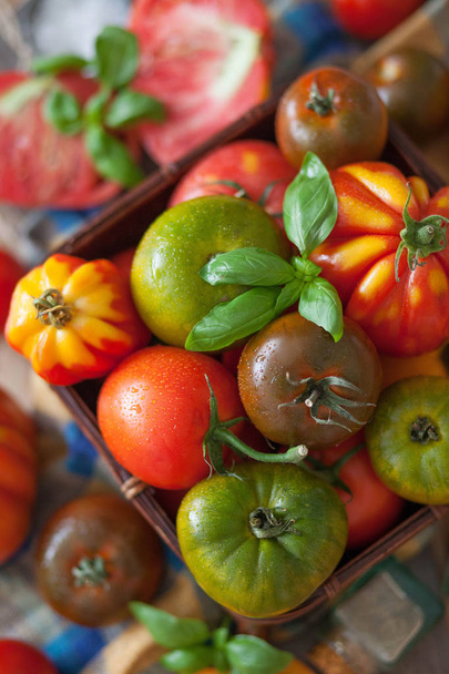 fresh basil and tomatoes on table - Fotó, kép