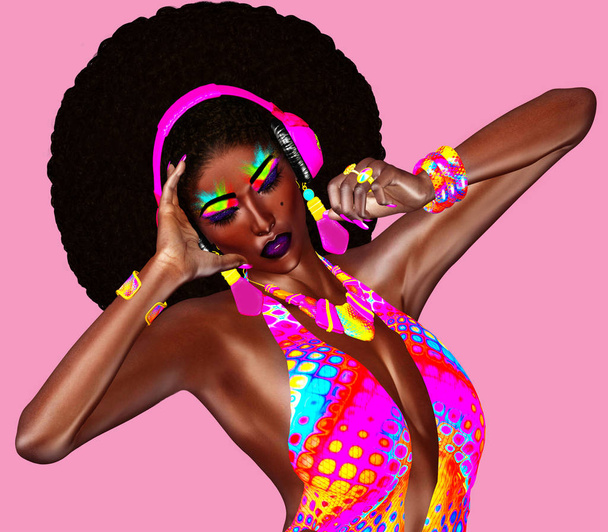 Belle femme africaine dans une tenue de rubans colorés, portant des écouteurs et une coiffure afro tendance et bouclée. Notre modèle numérique rendu 3d unique, dessins de mode artistique attirer l'attention pour votre projet
. - Photo, image