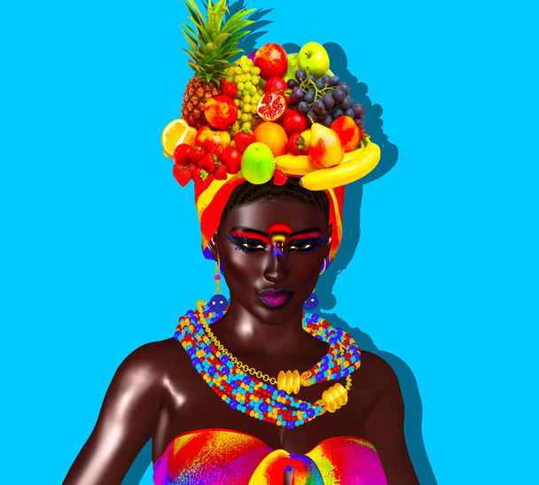 Diverse vruchten gedragen in een moderne kunst kapsel door een prachtige Afrikaanse 3D-gerenderde fotomodel. Kleurrijke, leuke moderne kunst beauty en fashion scene. - Foto, afbeelding