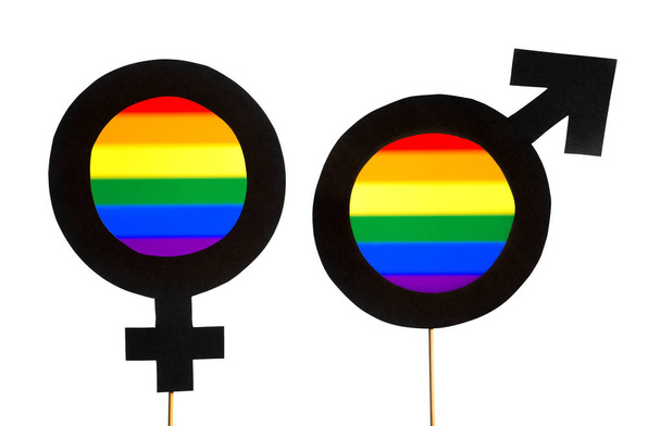Gender symbols with LGBT and rainbow flag colors. Man and woman support equality. Gay pride, homosexuality, and sexual minority concept. Male and female cardboard signs on wooden sticks on white. - Photo, Image