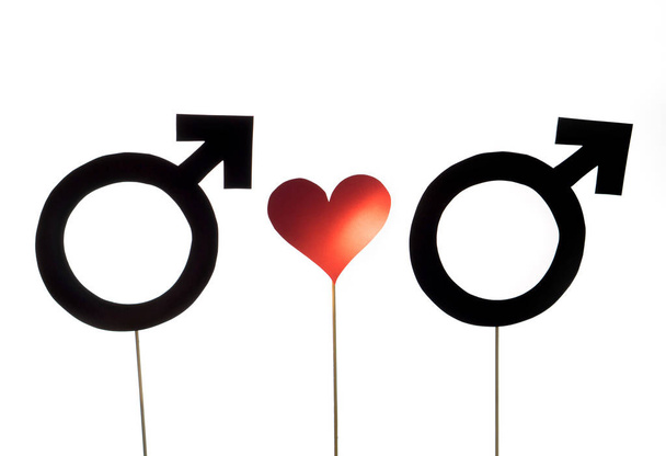 Έννοια της ομοφυλοφιλίας. Ομοφυλόφιλος, γκέι ζευγάρι στην αγάπη. Αρσενικό φύλο και καρδιά σύμβολα και σημεία κομμένα από χαρτόνι και ξύλινο ραβδί. Ανοχή και Lgbt θέμα και των δικαιωμάτων των σεξουαλικών μειονοτήτων. - Φωτογραφία, εικόνα