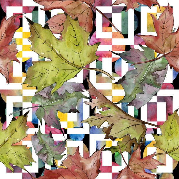 Watercolor green and red maple leaves. Leaf plant botanical garden floral foliage. Seamless background pattern. Fabric wallpaper print texture. Aquarelle leaf for background, texture, wrapper pattern. - Photo, image