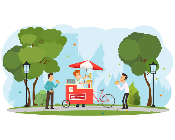 people buy and eat hot dogs in the city park. - ベクター画像