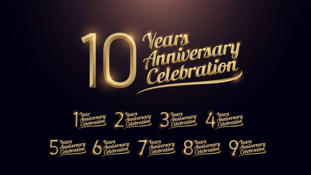 1, 2, 3, 4, 5, 6, 7, 8, 9, 10 let výročí oslav zlaté číslo a golden grafické tmavým pozadím. vektorové ilustrace - Vektor, obrázek
