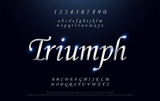 Elegáns ezüst színű fém króm ábécé betűtípus. Triumph tipográfia klasszikus stílusú serif betűtípus beállítása. vektoros illusztráció - Vektor, kép