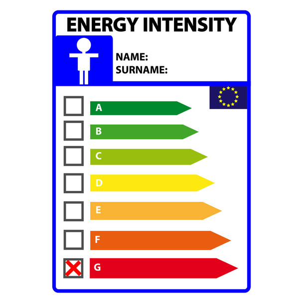 Funny energy efficience label for man isolated on white background. Vector illustartion - Vector, Image
