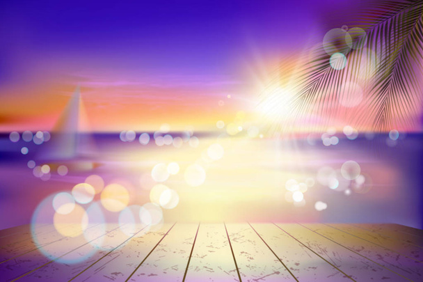 Вид на тропічний пляж з вітрильним човном. Захід сонця. Векторна ілюстрація
.  - Вектор, зображення