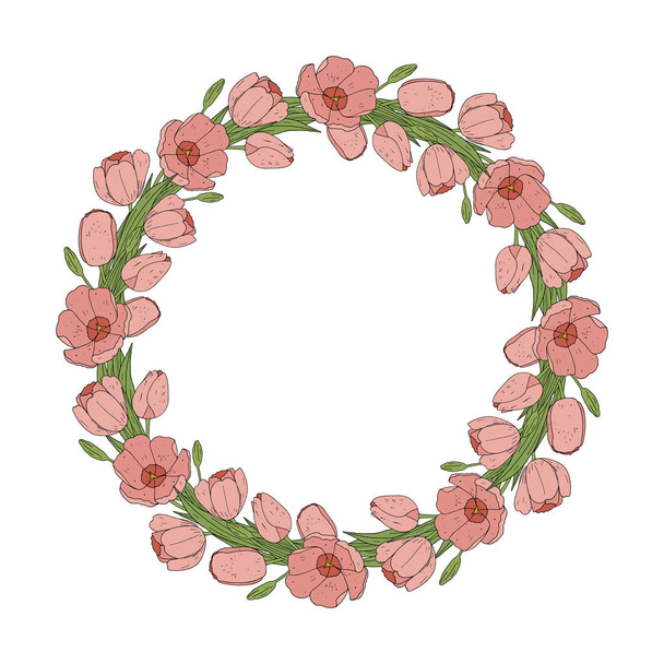 Vector flower wreath. Tulip frame for greeting, invitation, wedding cards design. - Vetor, Imagem