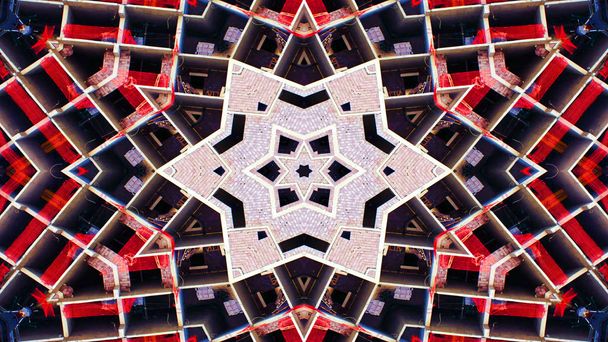 Abstraktní stavební stavební oblast symetrický vzor okrasné dekorativní kaleidoskop hnutí geometrické kruh a hvězda obrazce - Fotografie, Obrázek