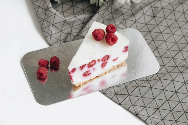 piece of delicious cake with raspberries, sweet dessert  - Photo, image
