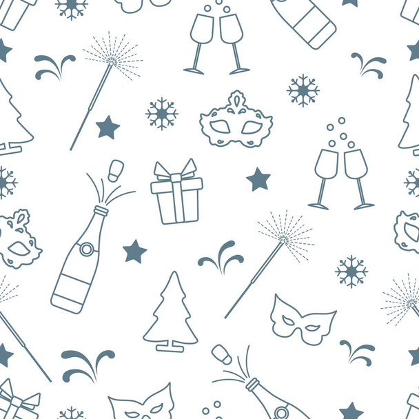 Seamless pattern with new year symbols. Gifts, fireworks, bottle and glasses with champagne, christmas tree, mask, stars, snowflakes. - Vector, Image
