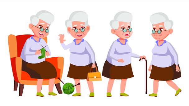 Stará žena představuje Set Vector. Starších lidí. Vedoucí osoba. Ve věku. Legrační důchodce. Volný čas. Pohlednice, oznámení, obalový Design. Izolované kreslený obrázek - Vektor, obrázek