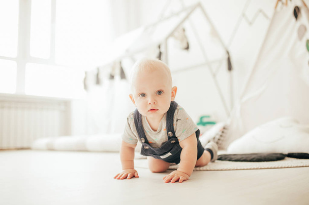 Toddler in rompers and t-shirt crawls on floor in room against window. - Fotografie, Obrázek