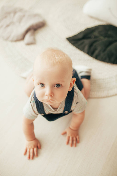 Toddler in rompers and t-shirt crawls on floor in room. Top view. - Foto, Imagem