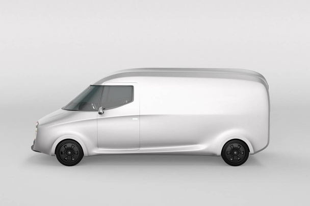 Seitenansicht eines weißen elektrisch betriebenen Lieferwagens mit Kopierraum auf der Karosserie. 3D-Renderbild. - Foto, Bild