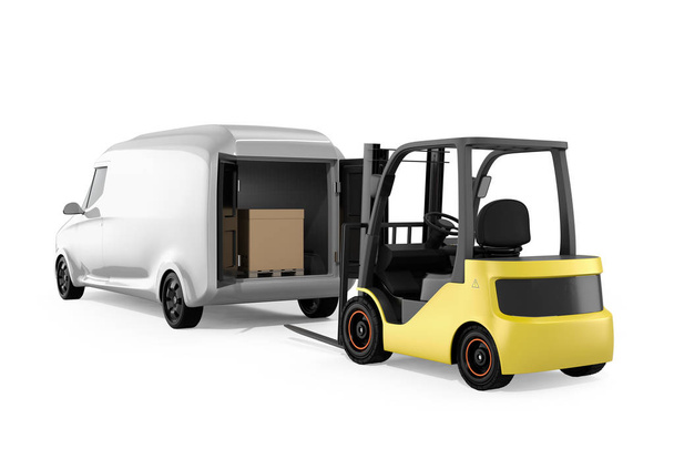 Οπίσθια όψη φορτηγό λευκό ηλεκτρικό παράδοσης και περονοφόρα σε άσπρο φόντο. εικόνα απόδοση 3D. - Φωτογραφία, εικόνα