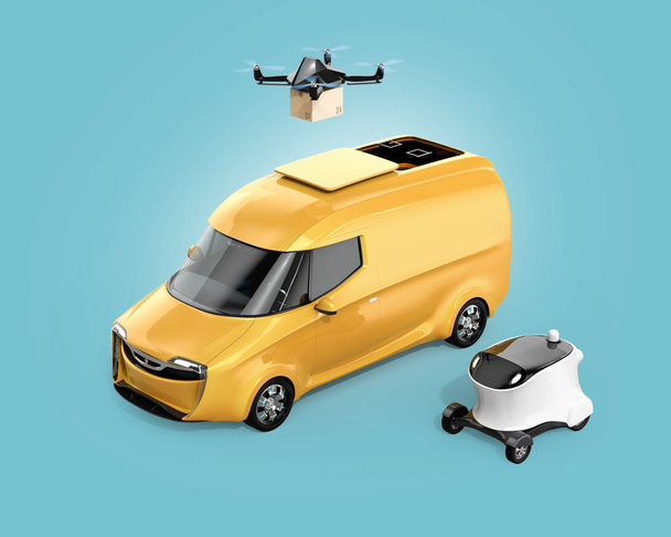 Delivery drone takeoff from yellow electric powered van, white delivery robot on left side. Blue background. Last one mile concept. 3D rendering image. - Photo, Image