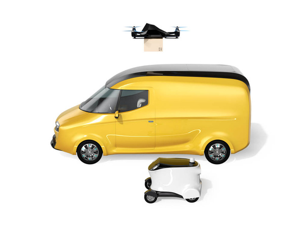 Side view of delivery drone, robot and  electric powered van isolated on white background. Last one mile concept. 3D rendering image. - Photo, Image