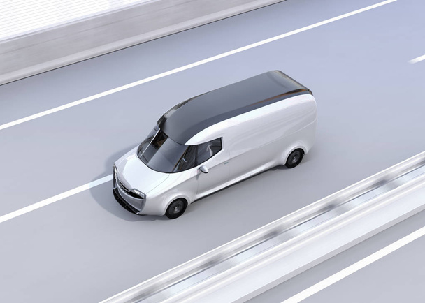 Auto-conducción furgoneta de entrega de conducción por carretera. Copia el espacio en el cuerpo lateral. Imagen de renderizado 3D
. - Foto, Imagen