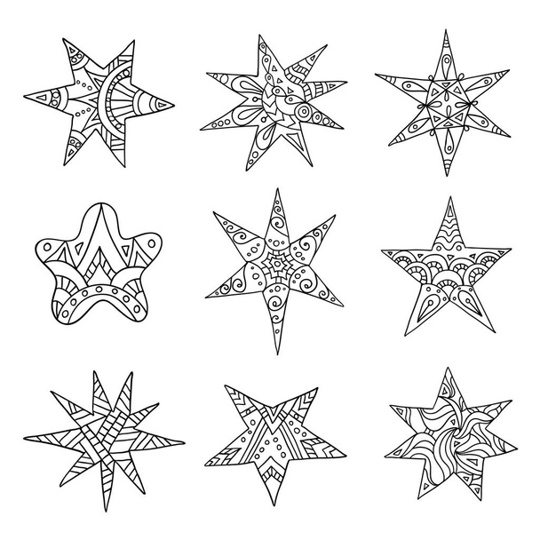 Een set van doodle sterren. Handgetekende elementen van de nachtelijke hemel. Vectorillustratie. - Vector, afbeelding