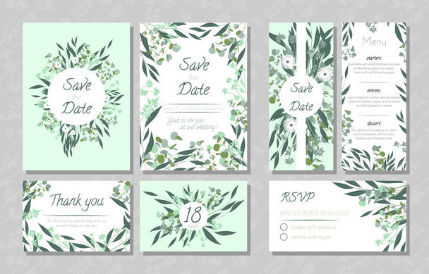 Cartões de casamento com eucalipto
. - Vetor, Imagem