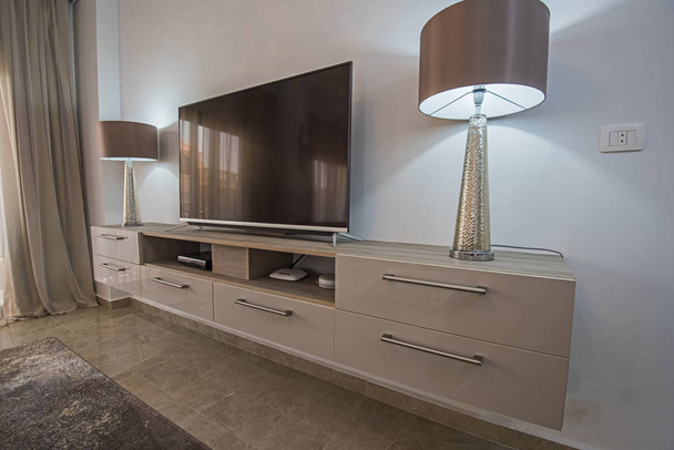 Woonkamer lounge in luxe appartement Toon home weergegeven: interieur design decor inrichting televisie eenheid - Foto, afbeelding