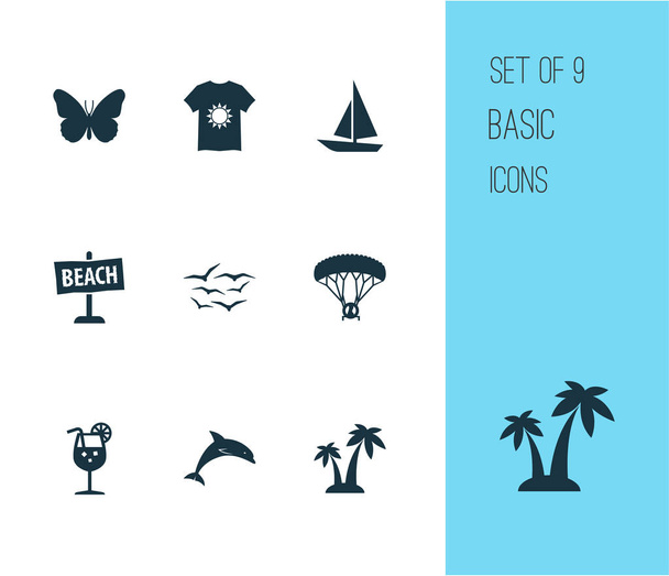 Sun icons set with gulls, palms, fresh juice and other monarch elements. Isolated  illustration sun icons. - Photo, Image