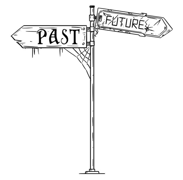Ilustração de desenho artístico vetorial do sinal de seta de tráfego com texto passado e futuro
 - Vetor, Imagem