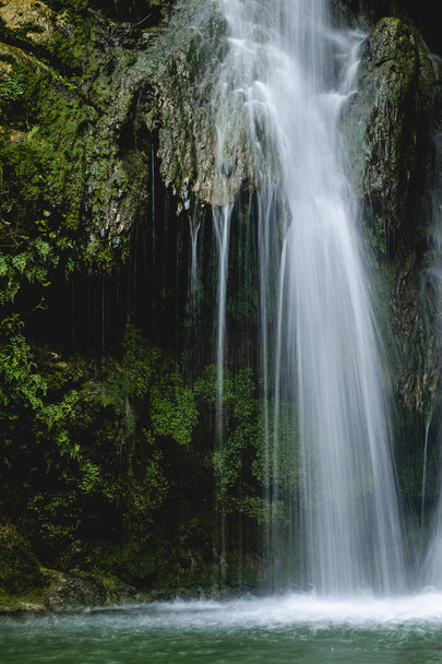Limpe a água em cascata que flui na rocha para lagoa em madeiras verdes em exposição longa
 - Foto, Imagem
