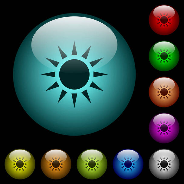 Sun icons in color illuminated spherical glass buttons on black background. Can be used to black or dark templates - Διάνυσμα, εικόνα