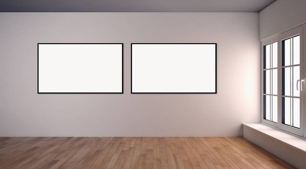 Moderno apartamento de interiores luminosos con marco de póster maqueta representación 3D ilustración
 - Foto, imagen