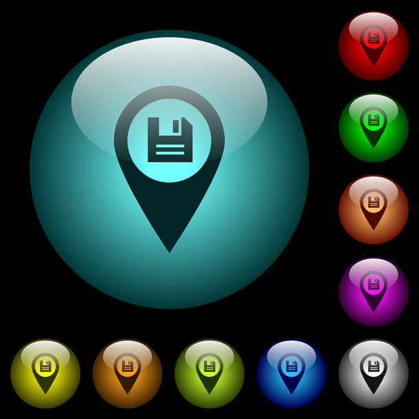 Зберегти піктограми розташування GPS в кольорах освітлених сферичних скляних кнопок на чорному тлі. Може використовуватися для чорних або темних шаблонів
 - Вектор, зображення