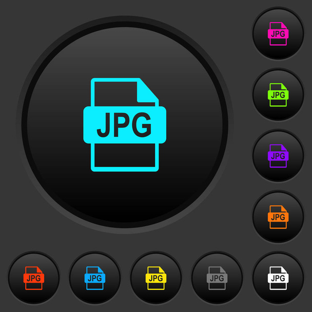 Jpg bestand formaat donkere drukknoppen met pictogrammen met levendige kleuren op donkere grijze achtergrond - Vector, afbeelding