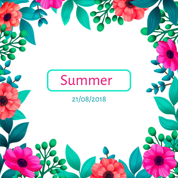 Floral frame. Tropical flowers trendy template. Vertical Design with beautiful flowers and palm leaves with copy space on white background. Vector digital illustration - Vektor, obrázek
