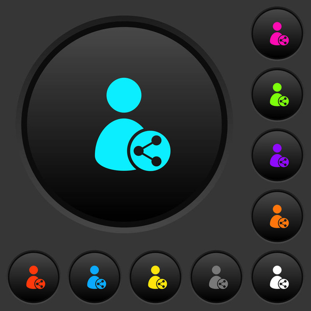 Share user data dark push buttons with vivid color icons on dark grey background - Vector, Image