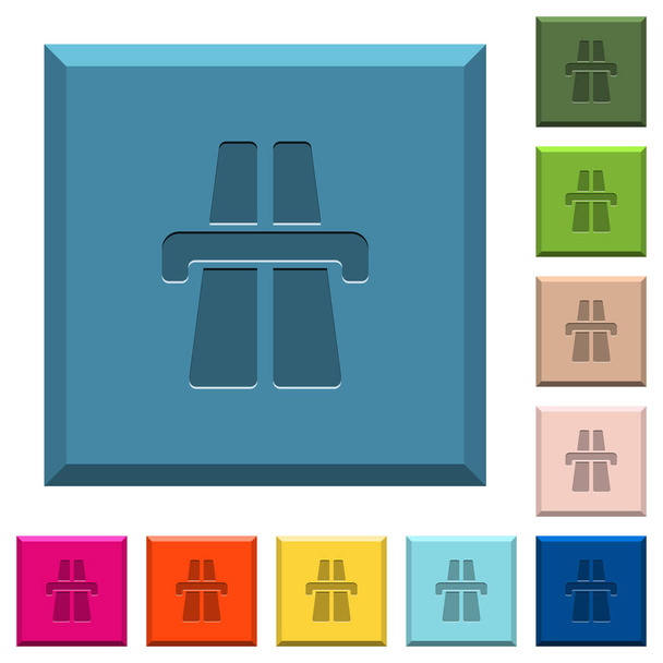 Autópálya vésett ikonok szélű négyzet alakú gombok különböző divatos színben - Vektor, kép