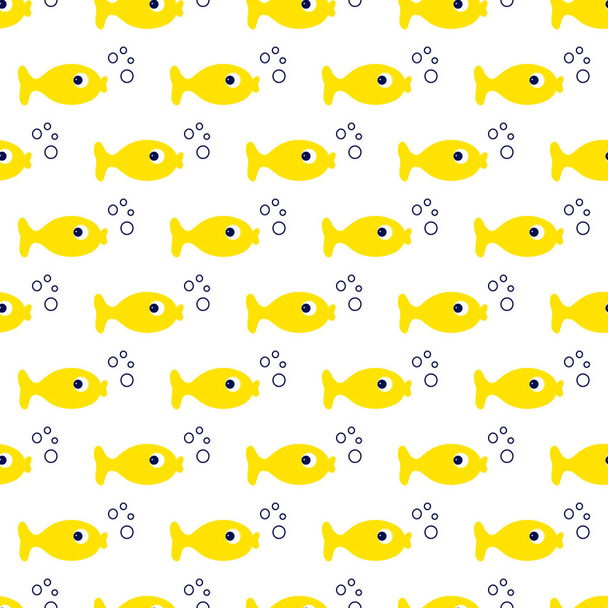 黄色の漫画の魚のシームレスなパターン ベクトル. - ベクター画像