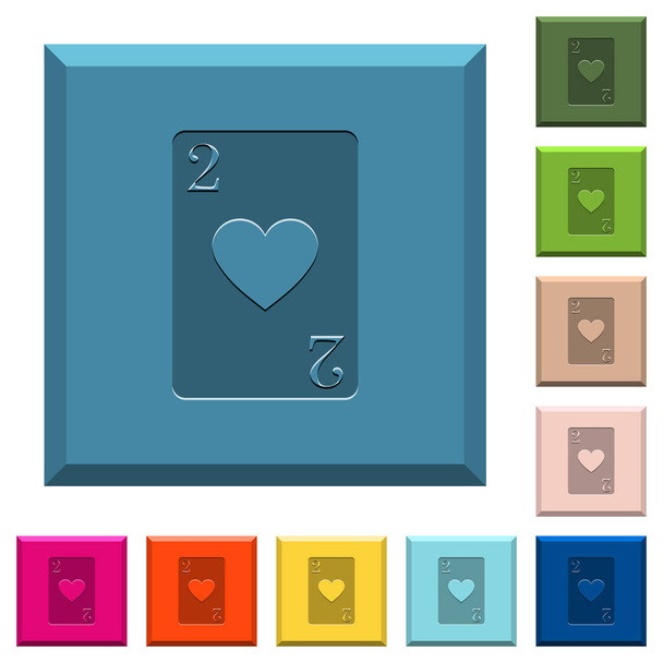 Two of hearts card engraved icons on edged square buttons in various trendy colors - Vector, Image
