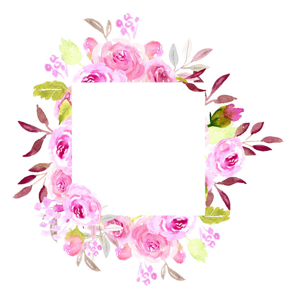 Pink watercolor flower frame, square - Φωτογραφία, εικόνα