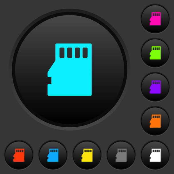 Mikrop Sd Bellek oyun kağıdı karanlık push düğme koyu gri arka plan üzerinde canlı renkler simgelerle - Vektör, Görsel