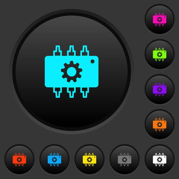Paramètres du matériel boutons poussoirs sombres avec des icônes de couleur vives sur fond gris foncé
 - Vecteur, image